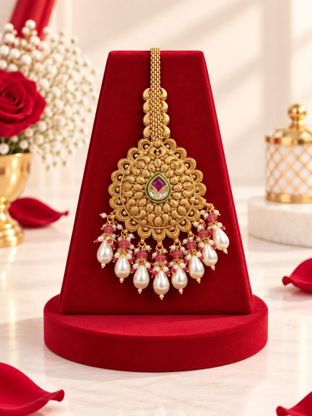 Antique gold plated tikka in green and white in Default